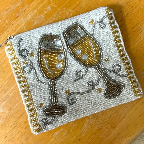 Hand-beaded Pouch/Coin Purse with Champagne Flutes - Picture 1 of 4